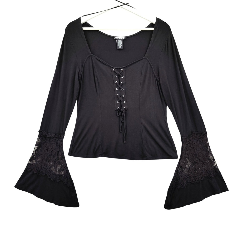 Hot Topic Women Goth Lolita Whimsigoth Lace Up Bell Sleeve Top M Black Emo Witch